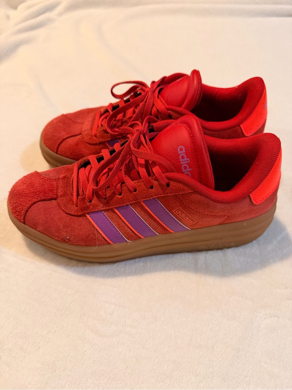 Adidas’s Woman LV Court PlatformRed Suede Sneakers with Purple Stripes size 7.5